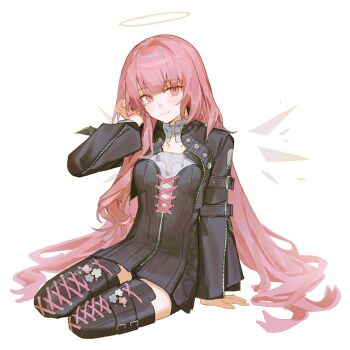 1girl arknights black_dress black_jacket boots cleavage_cutout closed_mouth clothing_cutout cnsmsoup detached_wings dress energy_wings flower footwear_flower halo hand_in_own_hair highres jacket lace-up_boots lemuen_(arknights) light_smile long_hair pink_eyes pink_hair simple_background sitting solo thigh_boots traditional_halo very_long_hair white_background white_halo wings
