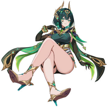 1girl ancient_egyptian_clothes black_gloves bracelet breasts claw_ring commentary_request crossed_legs ear_covers elbow_gloves facial_mark full_body gem genshin_impact gloves green_eyes green_gemstone green_hair green_shirt hair_intakes hairband harimoji headgear high_heels highres invisible_chair jewelry large_breasts looking_at_viewer mole mole_under_eye nefer_(genshin_impact) shirt short_hair sideboob sitting smile solo thigh_strap thighs white_background