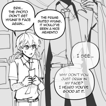 2boys areuwuu bandage_on_face bandages coat dual_persona english_text hair_between_eyes hand_on_another&#039;s_shoulder height_difference highres holding holding_photo kim_dokja male_focus monochrome multiple_boys necktie oldest_dream omniscient_reader&#039;s_viewpoint out_of_frame photo_(object) shirt short_hair t-shirt vest