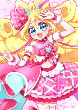 Rule 34 | 1girl, absurdres, arm warmers, bare shoulders, beads, blonde hair, blue eyes, blush, bow, bow-shaped hair, bow choker, breasts, choker, commentary request, crop top, cure idol, detached sleeves, drill hair, earrings, hair beads, hair between eyes, hair ornament, hair ribbon, hairband, headset, heart, heart earrings, heart hair ornament, highres, idol, idol clothes, idol heart brooch (precure), idol heart incom, jewelry, kazusa hiyori, kimi to idol precure, long hair, looking at viewer, magical girl, medium breasts, midriff, multicolored hair, multiple earrings, navel, open mouth, pink bow, pink hair, pink ribbon, pink shirt, pink skirt, pink theme, pink wrist cuffs, plaid bow, plaid ribbon, precure, puffy detached sleeves, puffy sleeves, red bow, red choker, ribbon, sakura uta (precure), scrunchie, shirt, shirt bow, single arm warmer, skirt, smile, solo, stomach, streaked hair, twintails, twitter username, two-tone hair, watermark, white hairband, wrist cuffs, wrist scrunchie