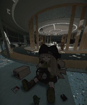 1girl :3 absurdres animal_ear_headwear bag beanie black_hat black_skirt blush boots brown_hair ceiling_light closed_eyes closed_mouth escape_from_tarkov facing_viewer fake_animal_ears glass_wall happy hat hayasabro highres holding holding_bag indoors jaggy_lines keycard kipfel_(vrchat) long_hair long_sleeves on_floor outstretched_legs pillar see-through_bag shadow sitting skirt smile solo statuette tail vrchat