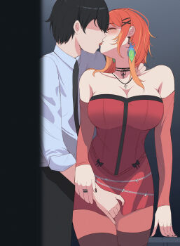 1boy 1girl absurdres bare_shoulders black_hair black_nails black_necktie black_pants blush breasts cheseu closed_eyes collarbone detached_sleeves earrings faceless faceless_male feather_earrings feathers french_kiss gradient_background grey_background hair_ornament hairclip hetero highres hololive hololive_english jewelry kiss large_breasts miniskirt necktie official_alternate_costume orange_hair pants pendant red_shirt red_skirt shirt skirt takanashi_kiara tasty_(takanashi_kiara) virtual_youtuber white_shirt