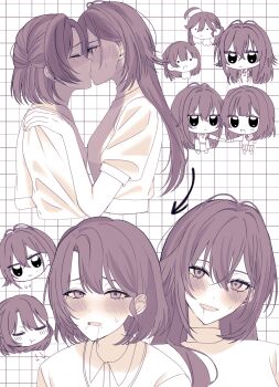 2girls blush closed_eyes commentary gakuen_idolmaster greyscale grid_background hataya_misuzu highres idolmaster kiss long_hair looking_at_another monochrome multiple_girls pleated_skirt pog_pogken saliva shirt short_hair skirt sweatdrop tsukimura_temari white_background yuri