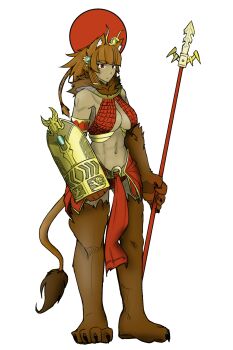 1girl 2015 abs absurdres ancient_egyptian ancient_egyptian_clothes animal_ear_fluff animal_ears animal_hands animal_legs anonymous_drawfag_(artist) armor bikini_armor bobanon braid breasts brown_fur buckler colorized commentary dark-skinned_female dark_skin egyptian_mythology english_commentary full_body gradient_background greyscale halterneck highres less lion_ears lion_girl lion_tail midriff monochrome monster_girl monster_girl_encyclopedia navel original red_eyes sejit_(vagabonds) sekhmet_(less/bob) sekhmet_(mythology) shield sideboob sidelocks simple_background solo staff standing tail underboob vagabonds