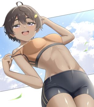 1girl arm_behind_head blush breasts brown_hair falling_leaves from_behind half-closed_eyes highres large_breasts leaf legs looking_at_viewer make_heroine_ga_oo_sugiru! midriff naughty_face navel pulling_own_clothes purple_eyes shorts smile solo sports_bra sportswear sweat tan tanline teasing thighs tomboy toned yakishio_lemon
