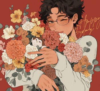 Rule 34 | 1boy, ;d, akaashi keiji, arms up, bird, black hair, blue eyes, blush, bouquet, brown flower, carnation, commentary, crowme2, dahlia, english commentary, flower, flower request, glasses, haikyuu!!, happy birthday, highres, holding, holding bouquet, leaf, long sleeves, looking to the side, male focus, one eye closed, open mouth, orange flower, parted hair, pink flower, red background, red flower, red rose, rose, shirt, short hair, sideways glance, smile, solo, white flower, white rose, white shirt, yellow flower