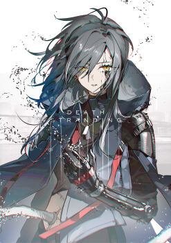 Rule 34 | 1girl, angelia (girls' frontline), black hair, blueblossom, closed mouth, commentary, copyright name, death stranding, dog tags, girls' frontline, highres, long hair, looking at viewer, mechanical arms, multiple scars, prosthesis, prosthetic arm, scar, scar on stomach, simple background, single mechanical arm, solo, white background