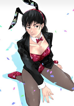 absurdres animal_ears black_eyes black_hair black_jacket bow bowtie breasts chainsaw_man confetti dakaeya detached_collar fake_animal_ears hairband highres jacket leotard long_hair mitaka_asa pantyhose playboy_bunny rabbit_ears red_bow red_bowtie red_footwear red_hairband red_leotard seiza sitting small_breasts