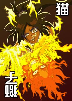 Rule 34 | 2girls, absurdres, animal ears, black clover, bleach, bleach: sennen kessen-hen, blue eyes, brown hair, cat ears, crossover, dark-skinned female, dark skin, fire, highres, mereoleona vermillion, multiple girls, non-web source, orange hair, ponytail, shihouin yoruichi, shihouin yoruichi (cat), shin art, smile, thunder, tongue, yellow eyes