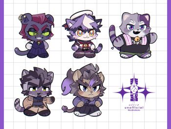5boys animal_ears arms_behind_back black_shirt black_vest brown_coat brown_pants bygul_(live_a_hero) cat_boy cat_ears cat_tail chibi chibi_only closed_mouth coat color_connection colored_tips commentary earrings furry furry_male hand_in_pocket hands_on_own_hips hat highres japanese_clothes jewelry joezen_(live_a_hero) ka_ji kimono lion_boy lion_ears lion_mane lion_tail live_a_hero male_focus multicolored_hair multiple_boys open_mouth pants pinstripe_pants pinstripe_pattern sailor_collar sailor_hat shirt smile symbol-only_commentary taika_(live_a_hero) tail toshu_(live_a_hero) towel towel_around_neck tsuneaki_(live_a_hero) vest whiskers white_shirt