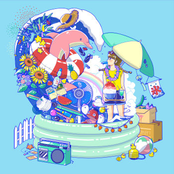 1girl absurdres ball beachball blue_background blue_shorts box braid chinese_lantern_(plant) eggplant electric_fan eyewear_on_head fence fish flower food fruit hand_fan hat highres holding incense_burner inflatable_pool innertube kayari_buta leaf long_hair mouth_hold original popsicle profile purple_flower rainbow red_flower sandals shaved_ice shorts solo standing star-shaped_food star_(symbol) starfruit straw_hat sunflower swim_ring twin_braids water_gun watermelon watermelon_slice waves yellow_flower yoshimon