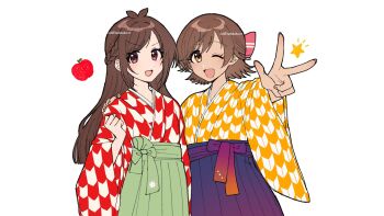 Rule 34 | 24takokai10, 2girls, apple, artist name, bright pupils, brown eyes, brown hair, commentary request, food, fruit, green skirt, hakama, hakama skirt, hand on another's shoulder, highres, honda mio, idolmaster, idolmaster cinderella girls, japanese clothes, kimono, long hair, long sleeves, looking at viewer, multiple girls, one eye closed, open mouth, outstretched arm, purple skirt, red kimono, short hair, side-by-side, simple background, skirt, smile, star (symbol), tsujino akari, twitter username, v-shaped eyebrows, w, watermark, white background, wide sleeves, yellow kimono