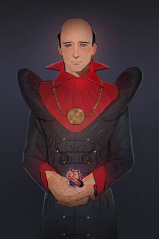 Rule 34 | 1boy, balding, black background, black coat, bug, butterfly, coat, collar, collared coat, commentary, commission, cowboy shot, gold necklace, gradient background, grey background, haskill, highres, insect, jewelry, juliet sleeves, long coat, long sleeves, looking down, male focus, mature male, necklace, open hand, ornate clothes, own hands together, puffy sleeves, red collar, solo, the elder scrolls, the elder scrolls iv: oblivion, yisha199