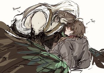 2boys bird_wings bishounen blush brown_coat brown_eyes brown_hair brown_wings closed_mouth coat commentary english_commentary english_text feathered_wings getian_(reverse:1999) hanfu harpy_boy highres long_hair long_sleeves looking_at_another lying male_focus monster_boy multiple_boys name_day_(reverse:1999) on_back pinned reverse:1999 simple_background sleeveless tmor1999 upper_body veil white_background white_hanfu winged_arms wings yaoi