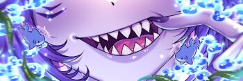 1girl close-up colored_skin finger_in_own_mouth indie_virtual_youtuber mark_under_both_eyes megalodon_(vtuber) purple_hair purple_nails purple_skin shark shark_girl sharp_teeth teeth tongue virtual_youtuber water water_drop