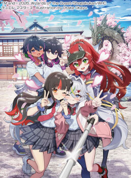 2026 5girls aogiri_shinobu artist_name bangle black_hair black_jacket black_shoes blonde_hair blue_eyes blue_hair blue_jacket blue_shoes blue_sky bow bowtie bracelet braid cherry_blossoms cloud cloudy_sky commentary_request copyright_notice dark-skinned_female dark_skin duel_masters gargoyle godai_dora green_eyes green_hair hair_between_eyes hand_grab headphones headphones_around_neck heart high_ponytail holding holding_stick interlocked_fingers jacket jewelry jurako_ljuba long_hair looking_at_viewer low_twin_braids multicolored_hair multiple_girls necktie official_art okanoyuno one_eye_closed orange_eyes petals pink_hair pink_petals plaid_clothes plaid_skirt ponytail purple_hair red_bow red_bowtie red_hair red_necktie red_shoes school_uniform selfie_stick shirt shoes short_hair single_thighhigh skirt sky sparkle stick sukune_maron teiozaka_mumu thighhighs twin_braids twintails v visor_cap white_shirt white_shoes wristband