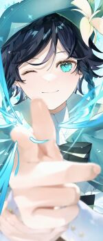 1boy aqua_hat black_hair blurry blurry_foreground closed_mouth depth_of_field flower genshin_impact hair_between_eyes hat hat_flower highres long_sleeves looking_at_viewer male_focus one_eye_closed pointing pointing_at_viewer smile solo trap venti_(genshin_impact) yellow_flower yukiusagi_(snowrabbit0508)