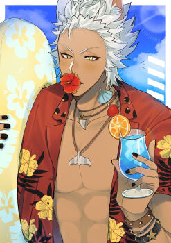 Rule 34 | 1boy, animal ears, bracelet, cherry, collarbone, commentary request, dark-skinned male, dark skin, flower, flower in mouth, food, fruit, hawaiian shirt, highres, holding, holding swim ring, innertube, jack howl, jewelry, male focus, necklace, open clothes, open shirt, orange (fruit), orange slice, pectorals, shirt, short hair, solo, swim ring, toned, toned male, tropical drink, twisted wonderland, upper body, white hair, wolf ears, yano (zri 088), yellow eyes