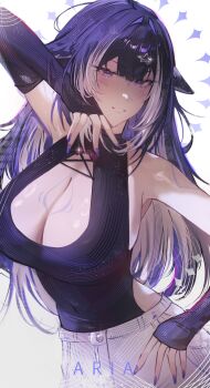 1girl a_r_i_a absurdres ahoge alternate_costume animal_ears black_hair black_shirt blush breasts cat_ears cleavage cleavage_cutout closed_mouth clothing_cutout colored_inner_hair elbow_gloves gloves grey_hair highres indie_virtual_youtuber large_breasts looking_at_viewer multicolored_hair nail_polish purple_eyes purple_nails shirt shylily sidelocks solo streaked_hair virtual_youtuber white_background