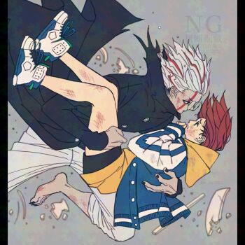 1boy 1girl ayase_momo barefoot black_border black_jacket black_nails black_shoes blue_jacket border breasts brown_hair carrying commentary_request couple crying dandadan dirty dirty_clothes dirty_face facial_mark full_body glasses grey_background hetero highres hood hoodie jacket k_ysd001 looking_at_another medium_breasts multicolored_hair nail_polish pants parted_lips princess_carry red_hair round_eyewear sharp_toenails shoes sleeves_past_wrists sneakers streaked_hair striped_sleeves takakura_ken_(dandadan) takakura_ken_(transformed)_(dandadan) tears toenail_polish toenails white_hair white_pants yellow_hoodie