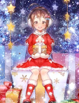 1girl ahoge boots box breasts brown_eyes brown_hair christmas cleavage dress earmuffs ekm eyelashes gift holding holding_gift idolmaster idolmaster_cinderella_girls looking_at_viewer mittens on_box open_mouth pom_pom_(clothes) red_boots red_dress santa_costume short_hair sitting sitting_on_box snowing solo star_(symbol) wakiyama_tamami white_mittens