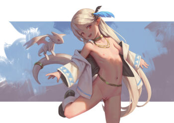 1girl bigrbear blonde_hair cleft_of_venus dragon dragon_horns dragon_tail flat_chest gold_choker gold_necklace horns jacket jewelry loli long_hair looking_at_viewer naked_jacket navel necklace nipples open_clothes open_jacket open_mouth original pointy_ears pussy red_eyes small_dragon solo tail uncensored