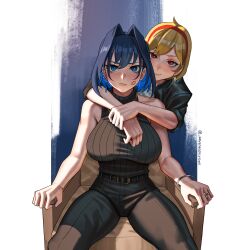 Rule 34 | 2girls, absurdres, alternate costume, bare arms, bare shoulders, belt, black jacket, black pants, black shirt, blonde hair, blue eyes, blue hair, blush, breasts, colored inner hair, earrings, embarrassed, headband, highres, hololive, hololive english, hug, jacket, jewelry, kaela kovalskia, large breasts, lipstick mark, looking at viewer, multicolored hair, multiple girls, ouro kronii, pants, red eyes, seventeencrows, shirt, simple background, sitting, sleeveless, sleeveless shirt, smile, spread legs, turtleneck, turtleneck shirt, two-tone background, two-tone hair, virtual youtuber