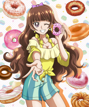 1girl amanogawa_kirara blue_shorts brown_eyes brown_hair closed_mouth donut earrings food go!_princess_precure hanzou holding holding_donut holding_food jewelry long_hair looking_at_viewer one_eye_closed outstretched_arm precure shirt shorts smile solo star_(symbol) star_earrings tied_shirt very_long_hair yellow_shirt