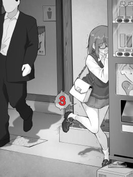 1boy 1girl bag commentary_request foot_up full_body glasses greyscale highres implied_vibrator kakuremino7928 large_variant_set long_sleeves loose_socks medium_hair miniskirt monochrome open_mouth original outdoors public_restroom pussy_juice semi-rimless_eyewear shirt shoes shoulder_bag skirt socks solo_focus speech_bubble standing standing_on_one_leg sweater_vest trembling under-rim_eyewear variant_set