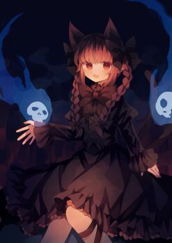 Rule 34 | 1girl, absurdres, animal ears, black bow, black dress, black ribbon, bow, bowtie, braid, cat ears, cat tail, commentary, dated commentary, dress, extra ears, fire, flaming skull, floating skull, hair bow, highres, kaenbyou rin, leg ribbon, long sleeves, looking at viewer, multiple tails, nekomata, open mouth, pointy ears, red bow, red bowtie, red eyes, red hair, ribbon, skull, smile, solo, tail, touhou, twin braids, two tails, utsuro (kz hokuto)