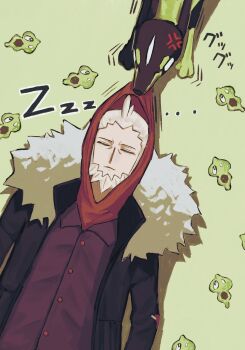 ... 1boy 3q_vbp_poke absurdres anger_vein beard black_jacket buttons closed_eyes closed_mouth collared_shirt commentary_request dutch_angle facial_hair fur-trimmed_jacket fur_trim gen_6_pokemon highres hood hood_up hoodie jacket legendary_pokemon long_sleeves lysandre_(pokemon) male_focus nintendo open_clothes open_jacket pokemon pokemon_legends:_z-a purple_shirt red_hoodie shirt white_fur white_hair wing_collar zygarde zygarde_(10) zygarde_core zzz