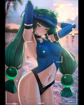 3girls aged_up android armband armpits arms_behind_head arms_up ass battery_indicator beach blue_sleeves blush braid braided_sidelocks breasts closed_mouth clothing_cutout collar commentary detached_sleeves english_commentary green_eyes green_hair hair_ornament hat highres jane_doe_(zenless_zone_zero) long_hair looking_at_viewer mouse_girl mouse_tail multiple_girls navel ocean one-piece_swimsuit palm_tree puppnett qingyi_(zenless_zone_zero) recording sand side_braids sideboob sphere_hair_ornament standing starfish stomach stomach_cutout swimsuit tail thigh_strap tree twintails two-tone_swimsuit viewfinder water zenless_zone_zero zhu_yuan