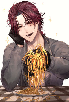 1boy absurdres arm_on_table black_gloves food food_on_face gloves hand_on_own_cheek hand_on_own_face highres holding holding_food holostars holostars_english jurard_t_rexford offering_food open_mouth pasta plate potamikouu red_eyes red_hair sharp_teeth slit_pupils solo spaghetti sparkle table teeth virtual_youtuber
