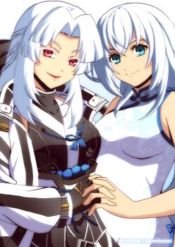 Rule 34 | 2girls, akane kazami, black gloves, blue eyes, bob cut, breasts, cherry blossom print, cherry blossoms, china dress, chinese clothes, closed mouth, commentary, commission, cosplay, costume switch, crossed bangs, curtained hair, double-parted bangs, dress, eiyuu densetsu, english commentary, fingerless gloves, floral print, gloves, hair between eyes, highres, interlocked fingers, jacket, kuro no kiseki (series), large breasts, multiple girls, open clothes, open jacket, original, parted bangs, parted lips, red eyes, second-party source, shizuna rem misurugi, sleeveless, sleeveless dress, smile, twitter username, upper body, white hair