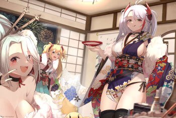 3girls :d admiral_hipper_(azur_lane) aerial_fireworks alcohol artist_name azur_lane bare_shoulders black_choker black_sash black_thighhighs blonde_hair blurry blurry_foreground blush breasts choker cleavage closed_mouth collarbone commentary cross cross_necklace cup daweykun depth_of_field detached_sleeves english_commentary eyelashes fireworks floral_print fur-trimmed_kimono fur_trim green_eyes hair_between_eyes hair_bun hair_ornament hair_stick hand_up hanging_scroll headgear highres holding holding_cup indoors iron_cross japanese_clothes jewelry kimono large_breasts lattice leaning_forward licking_lips long_hair long_sleeves looking_at_viewer manjuu_(azur_lane) mole mole_under_eye multicolored_hair multicolored_kimono multiple_girls necklace night obijime off_shoulder official_alternate_costume open_mouth panty_straps parted_bangs pelvic_curtain print_kimono print_sash print_sleeves prinz_eugen_(azur_lane) prinz_eugen_(profusion_of_flowers)_(azur_lane) prinz_heinrich_(azur_lane) prinz_heinrich_(fireworks_and_tapestries)_(azur_lane) red_eyes red_hair red_kimono sakazuki sake sash scroll shouji sideboob sidelocks sky sleeveless sleeveless_kimono sliding_doors smile standing streaked_hair tassel teeth thighhighs tongue tongue_out two_side_up upper_teeth_only white_hair wide_sleeves window yellow_eyes