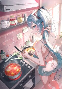 1girl absurdres adjusting_hair alternate_costume aqua_eyes aqua_hair arm_tattoo ass back bare_legs brick_wall commentary cooking cooking_pot hatsune_miku highres holding holding_ladle ien_(to_yen) indoors kitchen ladle legs long_hair note onion open_mouth smile solo stove symbol-only_commentary taped_note tattoo twintails very_long_hair vocaloid