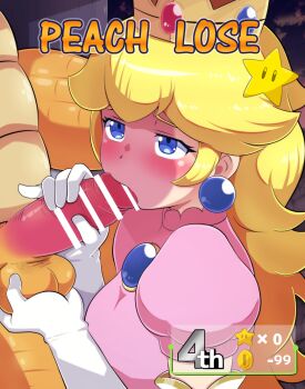 1boy 1girl bar_censor blonde_hair blue_eyes blush bowser breasts brooch caressing_testicles censored character_name clothed_female_nude_male crown defeat earrings elbow_gloves erection eyelashes fellatio gloves hameneko handjob heads-up_display hetero jewelry large_breasts large_penis long_hair mario_(series) mario_party nintendo nude oral penis pink_shirt pinky_out princess_peach puffy_short_sleeves puffy_sleeves score shirt short_sleeves super_star_(mario) testicles user_interface white_gloves