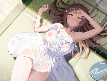 1girl absurdres armpits bare_arms bare_shoulders blush breasts brown_eyes brown_hair cleavage collarbone dress flower hair_flower hair_ornament hand_fan highres hot large_breasts long_hair lying nipples on_back original paper_fan parted_lips piyopoyo see-through_clothes see-through_dress sleeveless sleeveless_dress solo sundress sweat tatami thighs wet wet_clothes white_dress