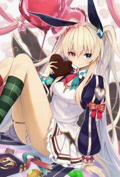 Rule 34 | 1girl, alice undertale (grimms notes), asymmetrical legwear, balloon, blonde hair, blue eyes, blue sleeves, breasts, candy, chaos alice (grimms notes), chaos alice (original) (grimms notes), chocolate, chocolate heart, closed mouth, commentary request, food, green socks, grimms notes, hair between eyes, heart, heart-shaped food, heart balloon, heterochromia, highres, holding, holding chocolate, holding food, long hair, long sleeves, looking at viewer, mismatched legwear, mismatched pupils, neck ribbon, pink eyes, puffy long sleeves, puffy sleeves, red socks, ribbon, sitting, skirt, socks, solo, striped clothes, striped socks, tofubone, twintails, very long hair, vest, white skirt, white vest, wings