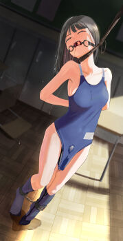 1girl absurdres ball_gag bdsm black_hair blue_one-piece_swimsuit bondage bound bound_ankles bound_arms breasts classroom commentary_request cuffs dildo dildo_under_clothes gag gagged hanged highres indoors long_hair new_school_swimsuit object_insertion one-piece_swimsuit original po-i-mu pussy_juice pussy_juice_puddle restrained school_swimsuit sex_toy small_breasts socks solo swimsuit vaginal vaginal_object_insertion wiffle_gag