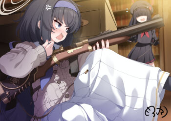 2girls anger_vein black_gloves black_hair black_skirt blue_archive blue_eyes blunt_bangs blurry blurry_background blush book bookshelf cardigan cocking_gun commentary_request de_lisle_carbine gloves gun hair_over_eyes hairband halo holding holding_gun holding_weapon indoors justice_task_force_member_(blue_archive) library long_sleeves mofu_namako multiple_girls neckerchief open_mouth pleated_skirt red_neckerchief sailor_collar school_uniform serafuku skirt ui_(blue_archive) weapon white_sailor_collar white_skirt