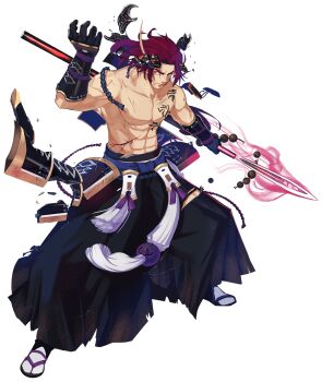 1boy armor beads black_gloves blood chest_tattoo full_body gloves hair_down hakama hakama_skirt highres injury ishitsu_kenzou japanese_armor japanese_clothes kiwame_(touken_ranbu) long_sideburns male_focus official_art polearm red_hair sandals topless_male siddham sideburns skirt spear tabi tattoo tonbokiri_(touken_ranbu) torn_clothes touken_ranbu transparent_background weapon yari yellow_eyes