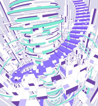 1other absurdres androgynous aqua_boots aqua_hair aqua_jacket black_eyes block_(object) boots closed_mouth commentary dot_mouth english_commentary flat_color hebitsukai highres jacket limited_palette long_sleeves original purple_theme short_hair shorts solo spiral_staircase stairs very_wide_shot walking