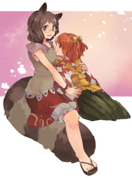 Rule 34 | animal ears, apron, bell, bloomers, brown eyes, brown hair, brown shirt, checkered clothes, checkered kimono, commentary request, flip-flops, from behind, futatsuiwa mamizou, glasses, green hakama, hair bell, hair ornament, hakama, highres, japanese clothes, kimono, motoori kosuzu, orange hair, pink background, raccoon ears, raccoon tail, red skirt, sandals, shirt, shukinuko, skirt, sleeveless, sleeveless shirt, smile, tail, touhou, underwear, white bloomers, yellow apron