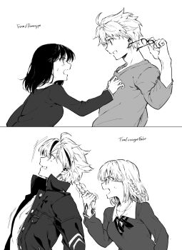 Rule 34 | 2boys, 2girls, arthur pendragon (fate), braid, command spell, commentary request, copyright name, fate/prototype, fate/strange fake, fate (series), from side, grabbing another's hair, greyscale, highres, holding, holding another's hair, holding removed eyewear, jacket, looking at another, monochrome, multicolored hair, multiple boys, multiple girls, name connection, open clothes, open jacket, richard i (fate), richard i (second ascension) (fate), sajou ayaka (fate/prototype), sajou ayaka (fate/strange fake), shirt, small sweatdrop, somori, streaked hair, unworn eyewear