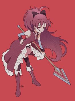 Rule 34 | 1girl, artist logo, bad anatomy, black thighhighs, boots, detached sleeves, dress, full body, grin, high-low dress, highres, holding, holding polearm, holding weapon, knee boots, logo, long hair, magical girl, mahou shoujo madoka magica, mahou shoujo madoka magica (anime), mochitose aguri, pink skirt, pleated skirt, polearm, red background, red boots, red dress, red eyes, red hair, red theme, sakura kyoko, sakura kyoko (magical girl), simple background, skirt, sleeveless, sleeveless dress, smile, solo, soul gem, thighhighs, weapon