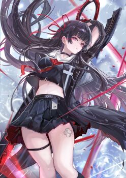 1girl absurdres arm_up black_choker black_hair black_jacket black_serafuku black_shirt black_skirt breasts chisa_(wuthering_waves) choker commentary crop_top floating_hair hair_floating_upwards hair_ribbon highres holding holding_sword holding_weapon id_card jacket long_hair looking_at_viewer medium_breasts mole mole_under_eye neckerchief parted_lips red_eyes red_neckerchief red_ribbon ribbon sailor_collar school_uniform serafuku shirt skirt solo sword thigh_strap thighs vardan weapon white_sailor_collar wuthering_waves