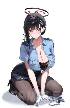Rule 34 | 1girl, alternate costume, black bra, black hair, black halo, black pantyhose, black skirt, blue archive, blue jacket, bra, breasts, cleavage, commentary request, halo, highres, jacket, kottungyang, large breasts, looking at viewer, medium hair, panties, pantyhose, pantyshot, pencil skirt, police, police uniform, policewoman, red eyes, rio (blue archive), sample watermark, seiza, simple background, sitting, skirt, solo, underwear, watermark, white background