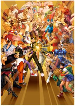 Rule 34 | 6+boys, 6+girls, absurdres, artist collaboration, balrog (street fighter), bengus, blanka, blue sailor collar, blue skirt, border, braid, cammy white, capcom, capcom vs. snk, chun-li, confrontation, crossover, cummerbund, dai-chan, dhalsim, dougi, e. honda, edaki shin&#039;ya, everyone, fatal fury, game cg, geese howard, gloves, guile, harumaru, headband, high heels, highres, hiroaki (kof), ikeno daigo, kasugano sakura, ken masters, kim kaphwan, king (snk), kita senri, kusanagi kyou, long hair, loose socks, m. bison, mera jin, mori toshiaki, multiple boys, multiple girls, muscular, nikaidou benimaru, nishimura kinu, non-web source, official art, pantyhose, parted bangs, pelvic curtain, poster (medium), purple gloves, raiden (snk), red gloves, red headband, rugal bernstein, ryou sakazaki, ryuuko no ken, sagat, sailor collar, sash, school uniform, senno aki, serafuku, shiranui mai, shoes, short hair, skirt, sneakers, snk, socks, spandex, street fighter, sunburst, terry bogard, the king of fighters, vega (street fighter), vice (kof), white border, white headband, yagami iori, yamazaki ryuuji, yasuda akira, yellow collar, yellow sash, yuri sakazaki, zangief