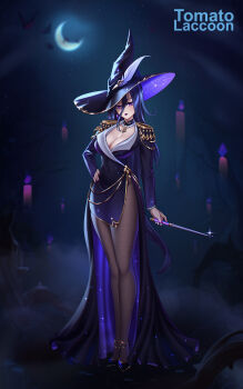1girl alternate_costume artist_name black_hat black_pantyhose blue_dress breasts cleavage clorinde_(genshin_impact) commentary crescent_moon dress fingernails full_body genshin_impact hair_between_eyes hand_on_own_hip hashtag-only_commentary hat hat_feather highres holding holding_wand large_breasts long_hair long_sleeves looking_at_viewer moon nail_polish night night_sky outdoors pantyhose purple_eyes purple_hair purple_nails sky solo standing tomatolaccoon very_long_hair wand witch_hat